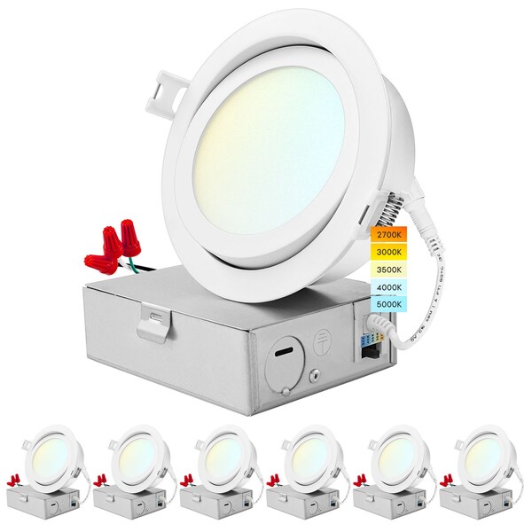 Luxrite 4 Inch Gimbal LED Recessed Downlights 5CCT 2700K-5000K 12W 950LM Dimmable Wet Rated IC Rated, 6PK LR23742-6PK - main